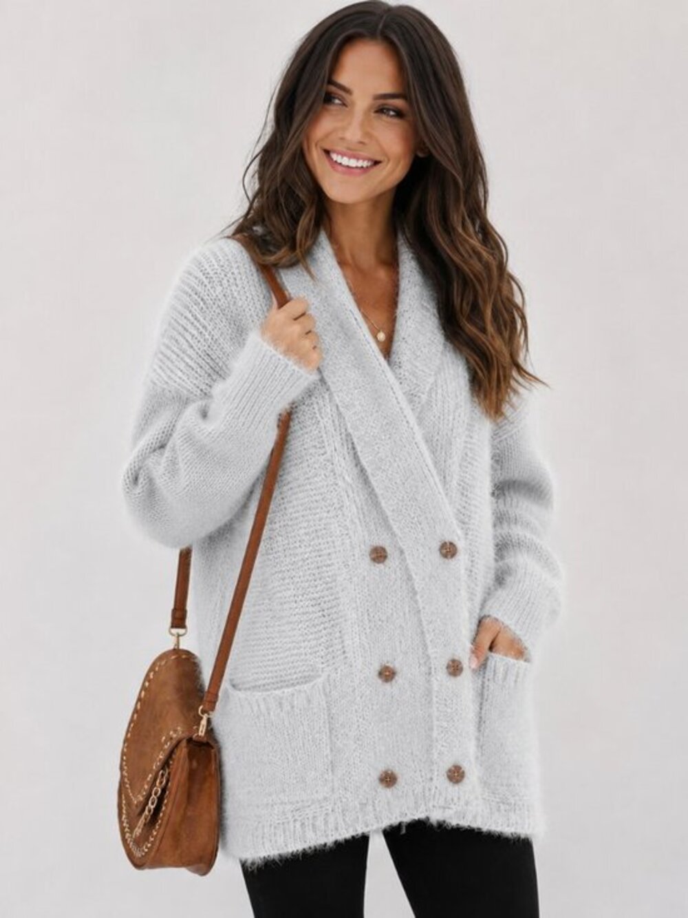 Women’s Super Soft Gray Fuzzy Cardigan Button Front Relaxed Fit NWT